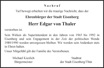 Traueranzeige von Edgar von Thaler von Ostthüringer Zeitung