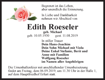 Traueranzeige von Edith Roeseler