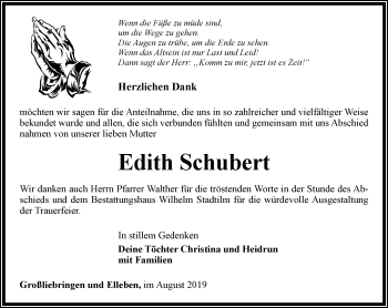 Traueranzeige von Edith Schubert von Thüringer Allgemeine