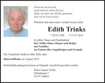 Traueranzeige von Edith Trinks von Ostthüringer Zeitung