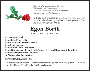 Traueranzeige von Egon Borth von Thüringer Allgemeine, Thüringische Landeszeitung