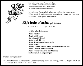 Traueranzeige von Elfriede Fuchs von Ostthüringer Zeitung