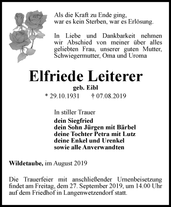 Traueranzeige von Elfriede Leiterer von Ostthüringer Zeitung