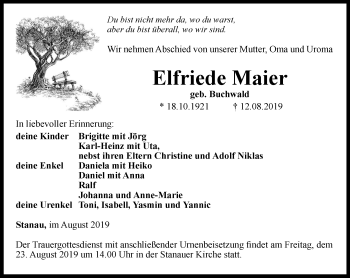 Traueranzeige von Elfriede Maier