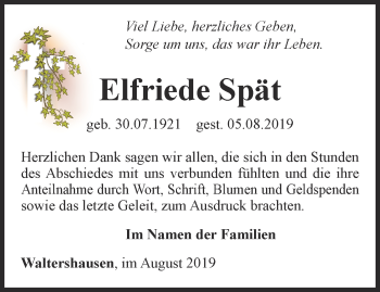 Traueranzeige von Elfriede Spät von Ostthüringer Zeitung, Thüringische Landeszeitung