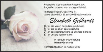 Traueranzeige von Elisabeth Gebhardt von Thüringer Allgemeine