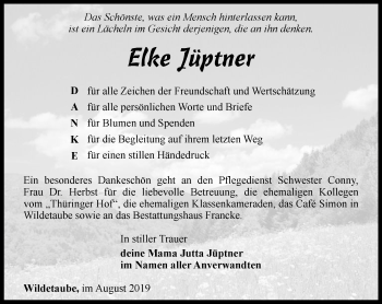 Traueranzeige von Elke Jüptner von Ostthüringer Zeitung