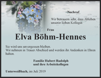 Traueranzeige von Elva Böhm-Hennes von Ostthüringer Zeitung