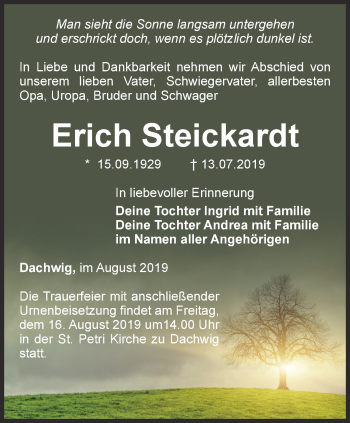 Traueranzeige von Erich Steickardt von Thüringer Allgemeine, Thüringische Landeszeitung