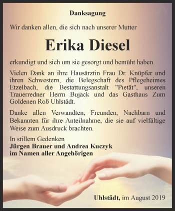 Traueranzeige von Erika Diesel von Ostthüringer Zeitung