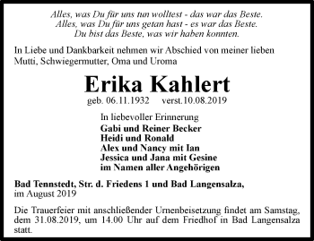 Traueranzeige von Erika Kahlert von Thüringer Allgemeine, Thüringische Landeszeitung