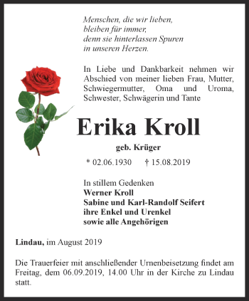 Traueranzeige von Erika Kroll von Ostthüringer Zeitung