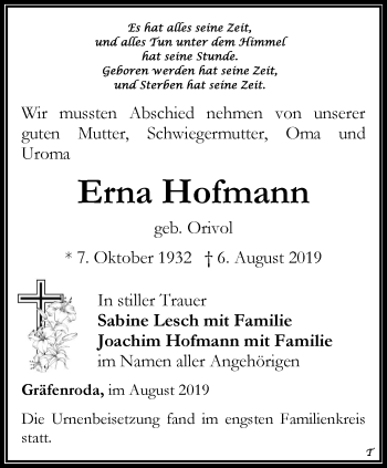 Traueranzeige von Erna Hofmann von Thüringer Allgemeine