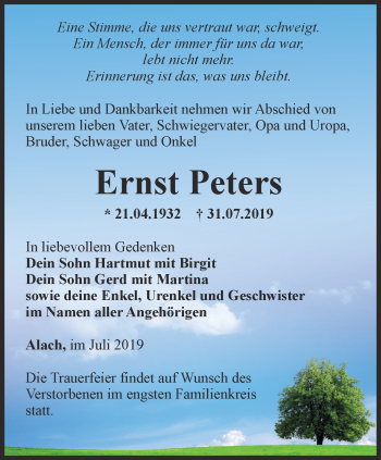 Traueranzeige von Ernst Peters von Thüringer Allgemeine, Thüringische Landeszeitung