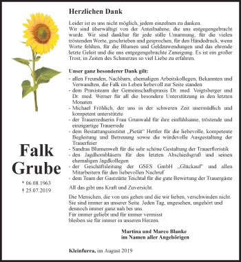 Traueranzeige von Falk Grube von Thüringer Allgemeine