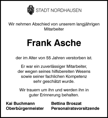 Traueranzeige von Frank Asche von Thüringer Allgemeine