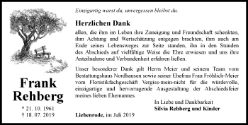 Traueranzeige von Frank Rehberg von Thüringer Allgemeine