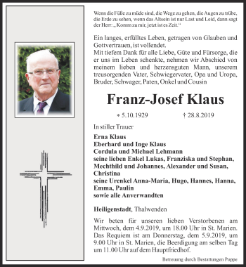 Traueranzeige von Franz-Josef Klaus von Thüringer Allgemeine