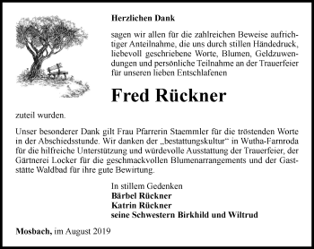 Traueranzeige von Fred Rückner von Thüringer Allgemeine, Thüringische Landeszeitung