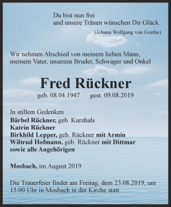 Traueranzeige von Fred Rückner von Thüringer Allgemeine, Thüringische Landeszeitung