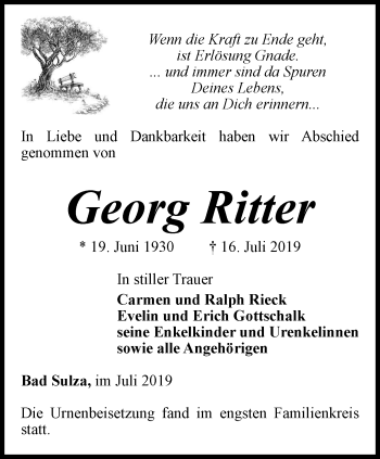 Traueranzeige von Georg Ritter von Thüringer Allgemeine, Thüringische Landeszeitung