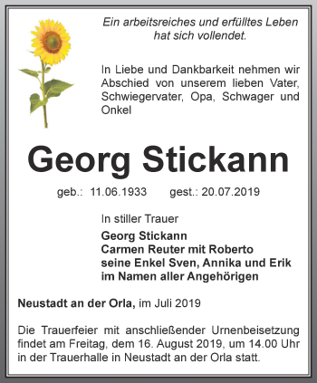 Traueranzeige von Georg Stickann von Ostthüringer Zeitung