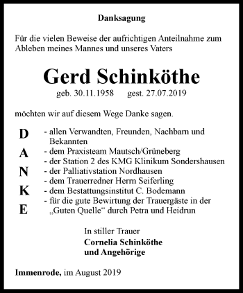 Traueranzeige von Gerd Schinköthe von Thüringer Allgemeine