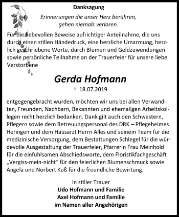 Traueranzeige von Gerda Hofmann von Thüringer Allgemeine