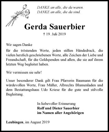 Traueranzeige von Gerda Sauerbier von Thüringer Allgemeine