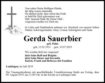 Traueranzeige von Gerda Sauerbier von Thüringer Allgemeine