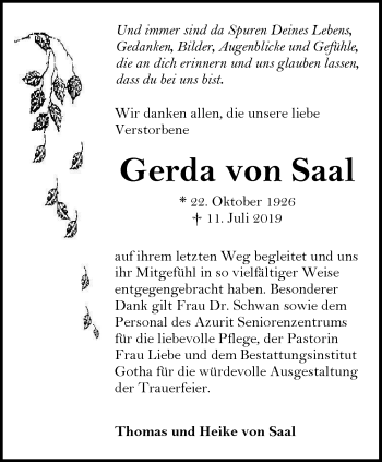 Traueranzeige von Gerda von Saal von Ostthüringer Zeitung, Thüringische Landeszeitung