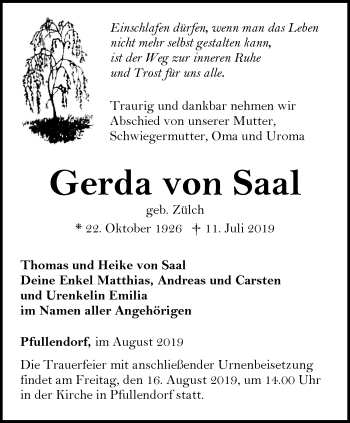 Traueranzeige von Gerda von Saal von Ostthüringer Zeitung, Thüringische Landeszeitung