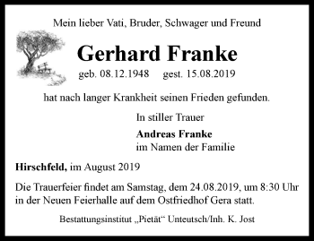 Traueranzeige von Gerhard Franke von Ostthüringer Zeitung