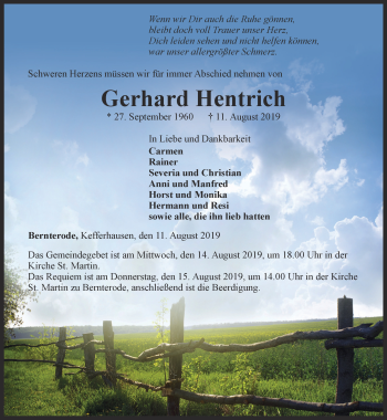 Traueranzeige von Gerhard Hentrich von Thüringer Allgemeine