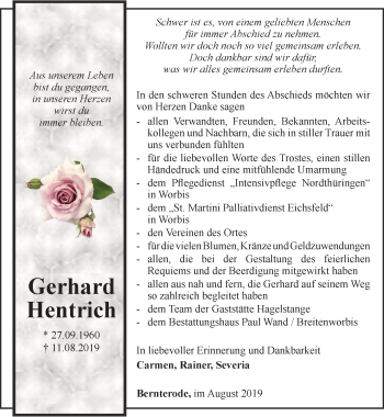 Traueranzeige von Gerhard Hentrich von Thüringer Allgemeine
