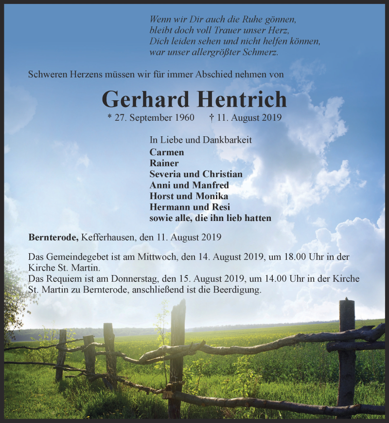  Traueranzeige für Gerhard Hentrich vom 13.08.2019 aus Thüringer Allgemeine