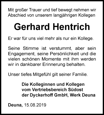 Traueranzeige von Gerhard Hentrich von Thüringer Allgemeine