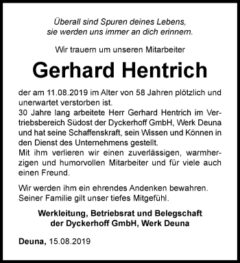 Traueranzeige von Gerhard Hentrich von Thüringer Allgemeine