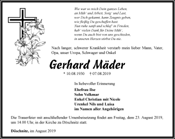 Traueranzeige von Gerhard Mäder von Ostthüringer Zeitung