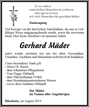 Traueranzeige von Gerhard Mäder von Ostthüringer Zeitung