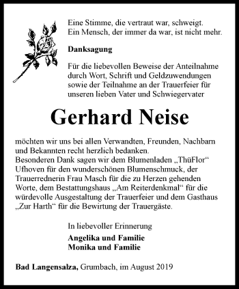 Traueranzeige von Gerhard Neise von Thüringer Allgemeine, Thüringische Landeszeitung