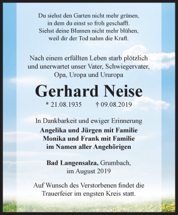 Traueranzeige von Gerhard Neise von Thüringer Allgemeine, Thüringische Landeszeitung