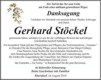 Traueranzeige von Gerhard Stöckel von Ostthüringer Zeitung