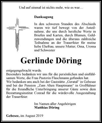 Traueranzeige von Gerlinde Döring von Thüringer Allgemeine, Thüringische Landeszeitung