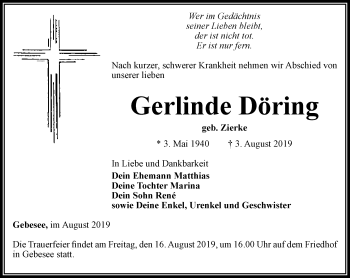 Traueranzeige von Gerlinde Döring von Thüringer Allgemeine, Thüringische Landeszeitung