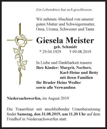 Traueranzeige von Giesela Meister von Thüringer Allgemeine