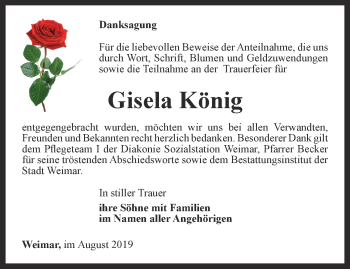 Traueranzeige von Gisela König von Thüringer Allgemeine, Thüringische Landeszeitung