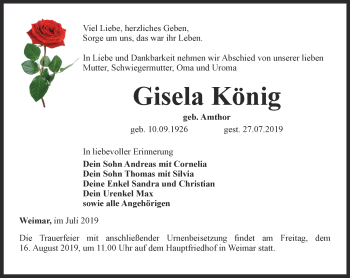 Traueranzeige von Gisela König von Thüringer Allgemeine, Thüringische Landeszeitung