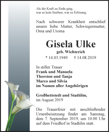 Traueranzeige von Gisela Ulke von Thüringer Allgemeine