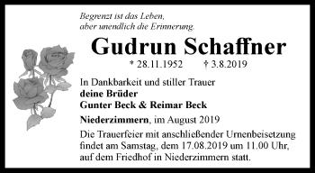 Traueranzeige von Gudrun Schaffner von Thüringer Allgemeine, Thüringische Landeszeitung